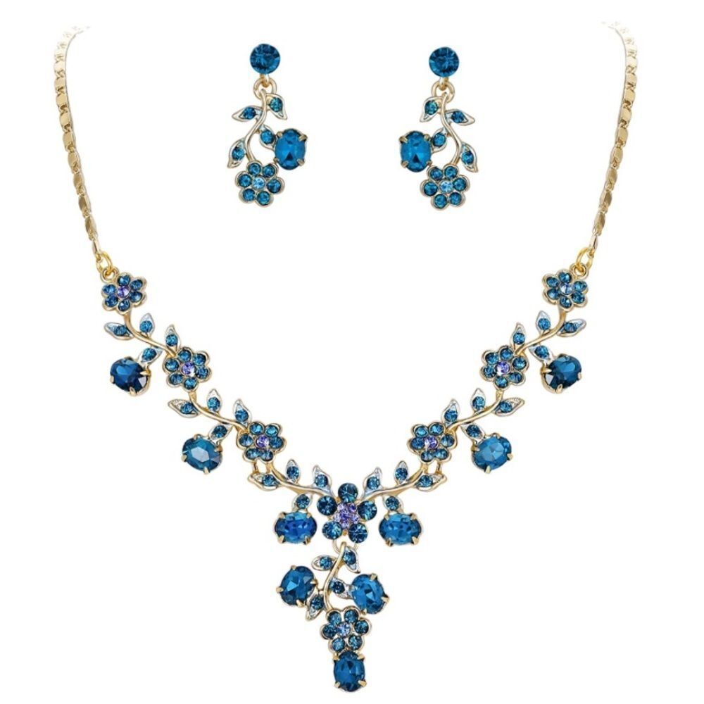 Yellow Gold & Blue Sapphire Austrian Crystal Flower Leaf Necklace & Earrings Set